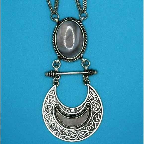 Long Silver Tone Faux Abalone Glass Stone Pendant Multi Tier Statement Necklace - Picture 2 of 5